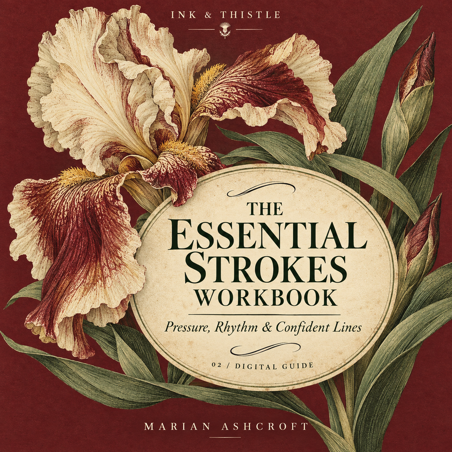 The Essential Strokes Workbook digital guide cover with a vintage botanical iris illustration and parchment title medallion.
