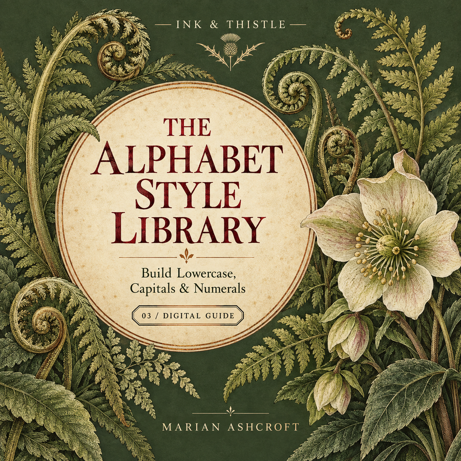 The Alphabet Style Library digital guide cover with a vintage botanical fern illustration and parchment title medallion.