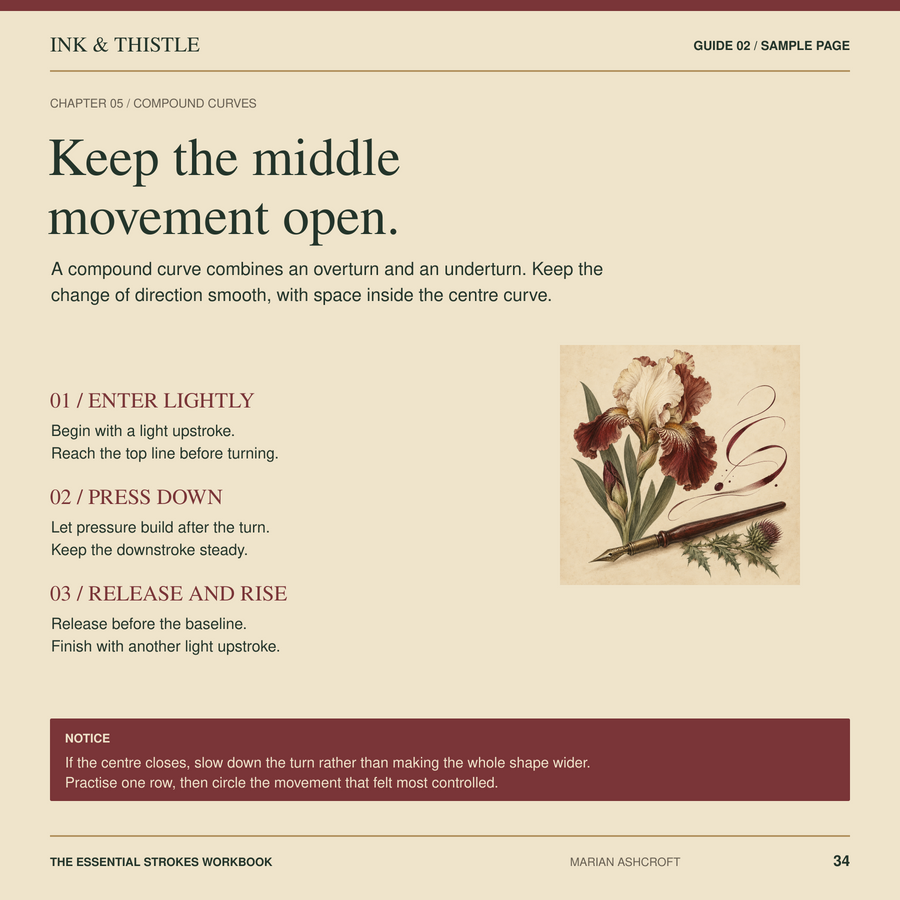 Sample page 34 from The Essential Strokes Workbook: Keep the middle movement open.