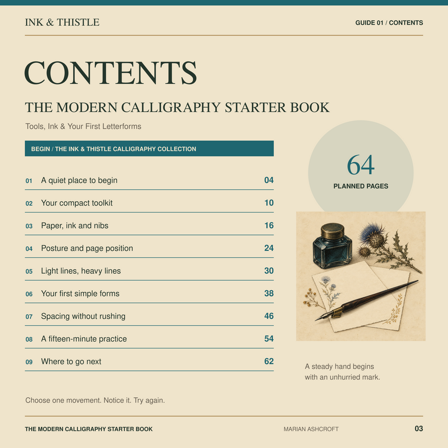 Contents of The Modern Calligraphy Starter Book, nine chapters with start pages.